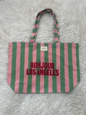 Sezane Pink & Green Striped 'Bonjour Los Angeles' Reusable Tote